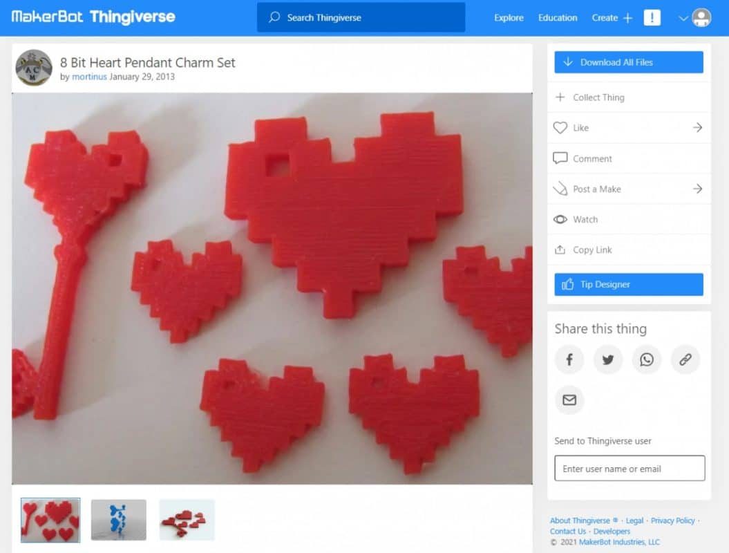 30 Best 3D Prints for Gamers - 8-Bit Heart Pendant Charm Set - 3D Printerly