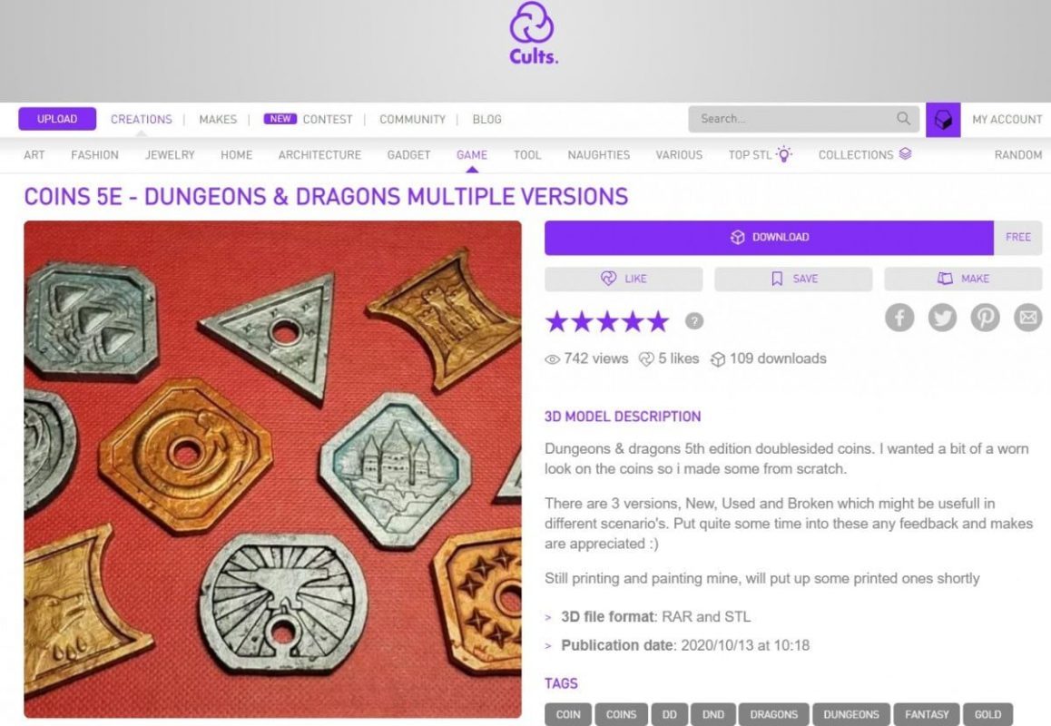 30 Cool Things to 3D Print for Dungeons & Dragons - Dungeon & Dragons Coins - 3D Printerly