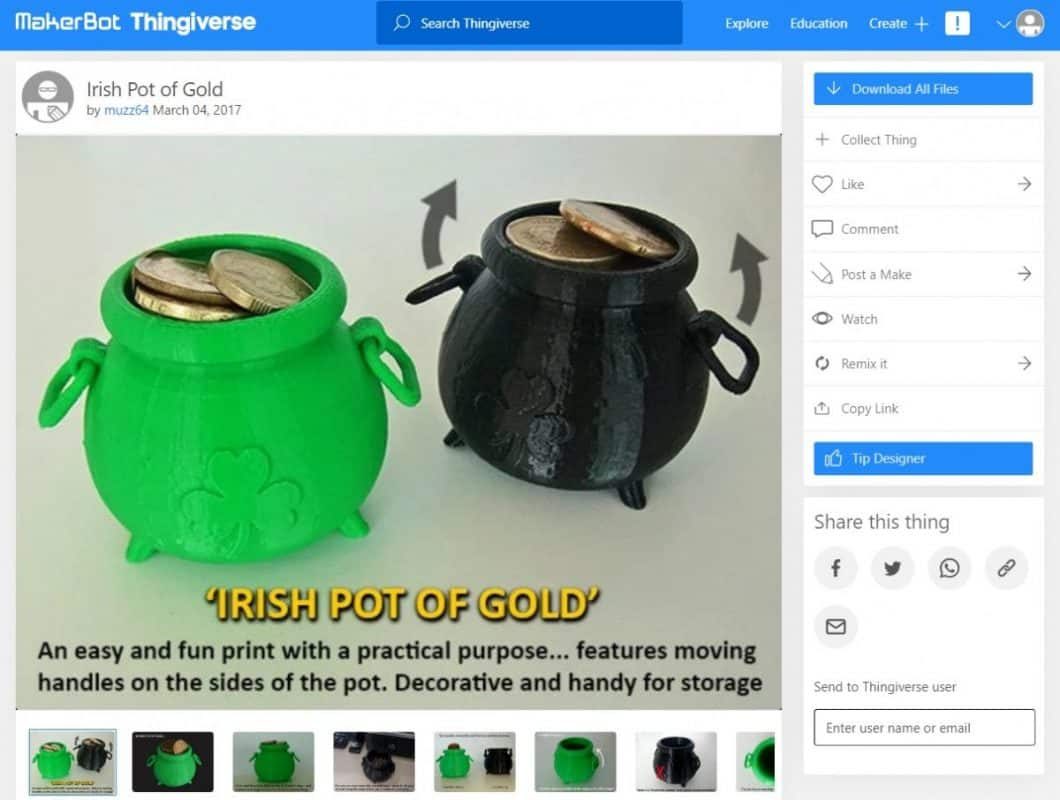 Holiday 3D Prints You Can Make - Irish Pot of Gold - 3D Printerly