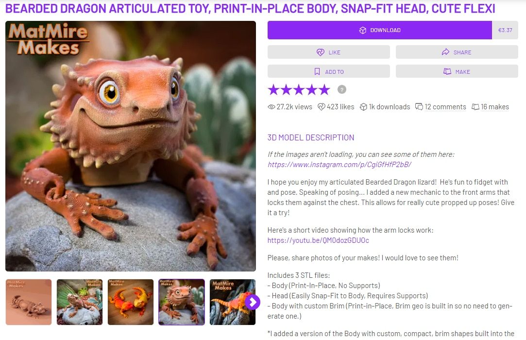 Best Paid STL Files for 3D Printing - Bearded Dragon Articulated Toy - 3D Printerly