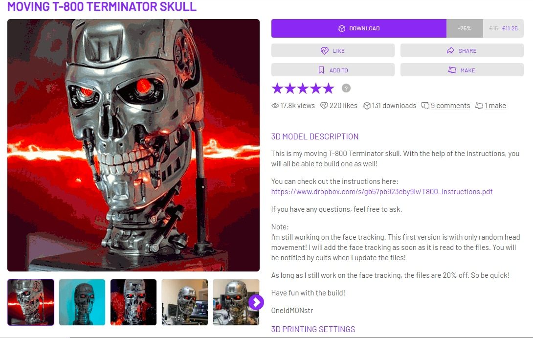 Best Paid STL Files for 3D Printing - Moving T-800 Terminator Skull - 3D Printerly