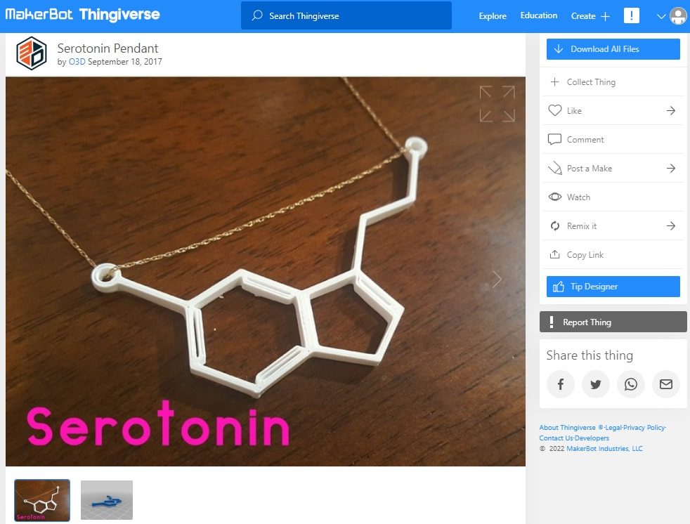30 Quick & Easy Things to 3D Print in Under an Hour - 13. Serotonin Pendant by O3D - Thingiverse - 3D Printerly