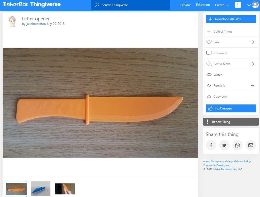 30 Quick & Easy Things to 3D Print in Under an Hour - 22. Letter opener by jakobmaraton - 3D Printerly