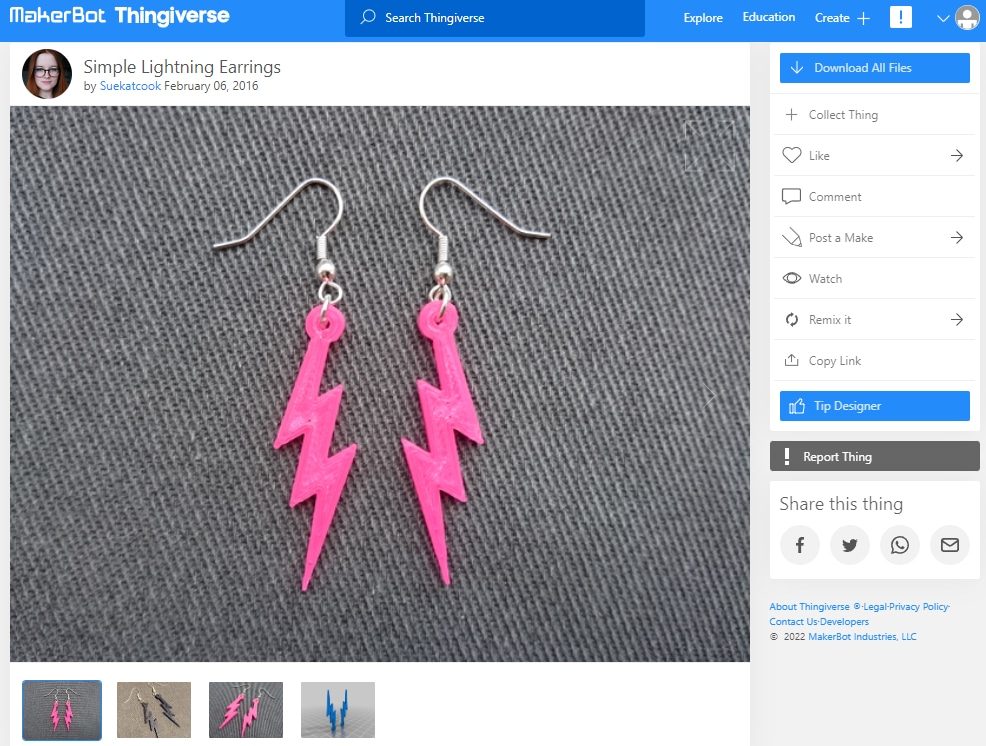 30 Quick & Easy Things to 3D Print in Under an Hour - 8. Simple Lightning Earrings by Suekatcook - 3D Printerly