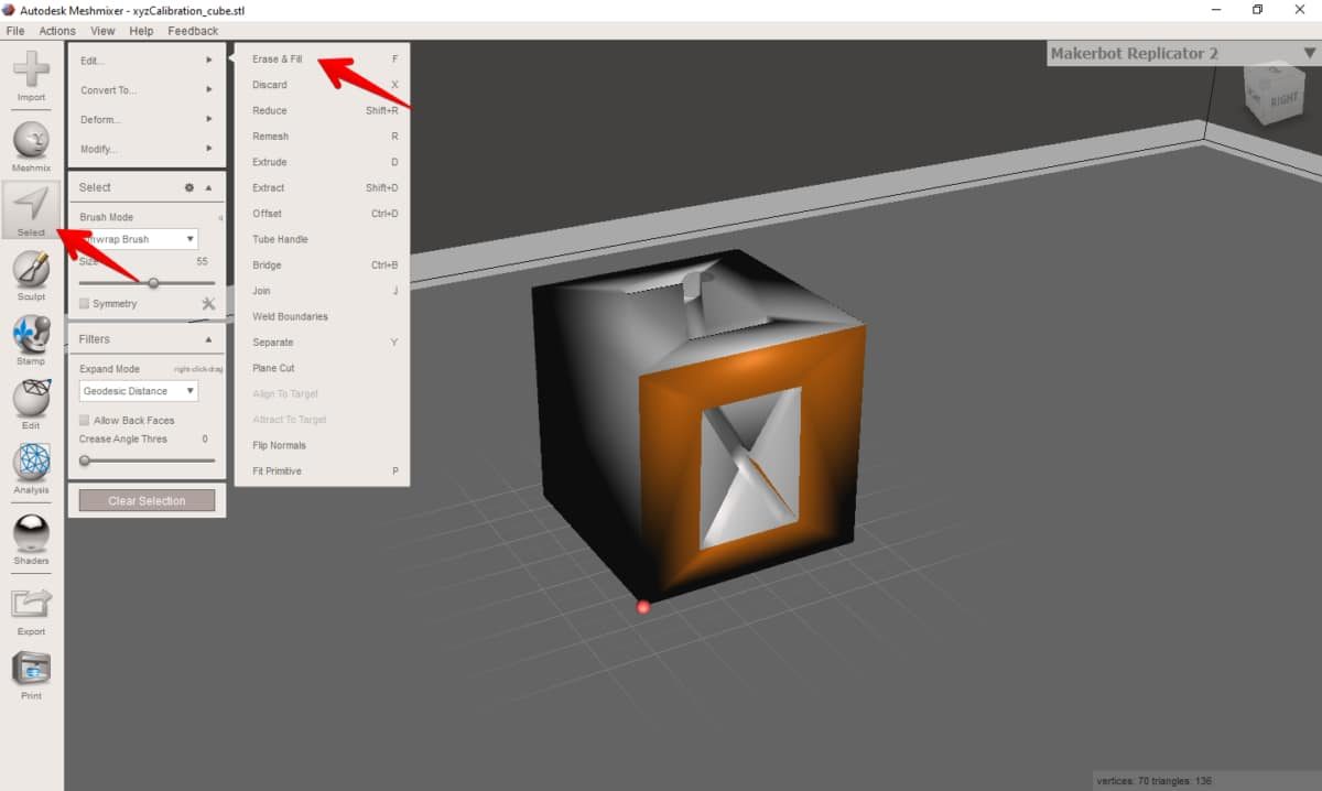 How to Fix Cura Errors - Non-Manifold, Watertight, Overlaps - Autodesk Meshmixer Erase and Fill Location - 3D Printerly