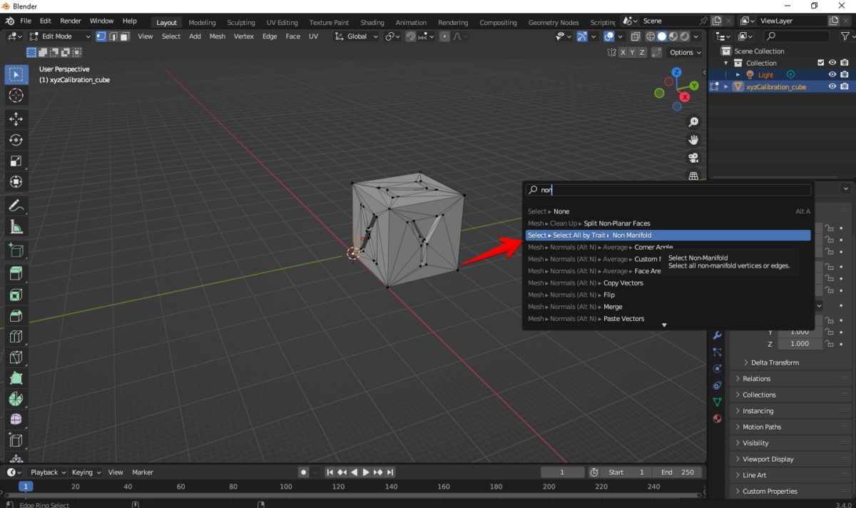 How to Fix Cura Errors - Non-Manifold, Watertight, Overlaps - Blender Selecting Non Manifold Location - 3D Printerly
